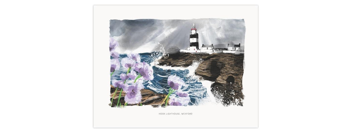 An illustrated scene of Hook Lighthouse in Wexford. The lighthouse stands on a rugged coastline with crashing waves, and there are purple wildflowers in the foreground. The sky is cloudy with dramatic light.