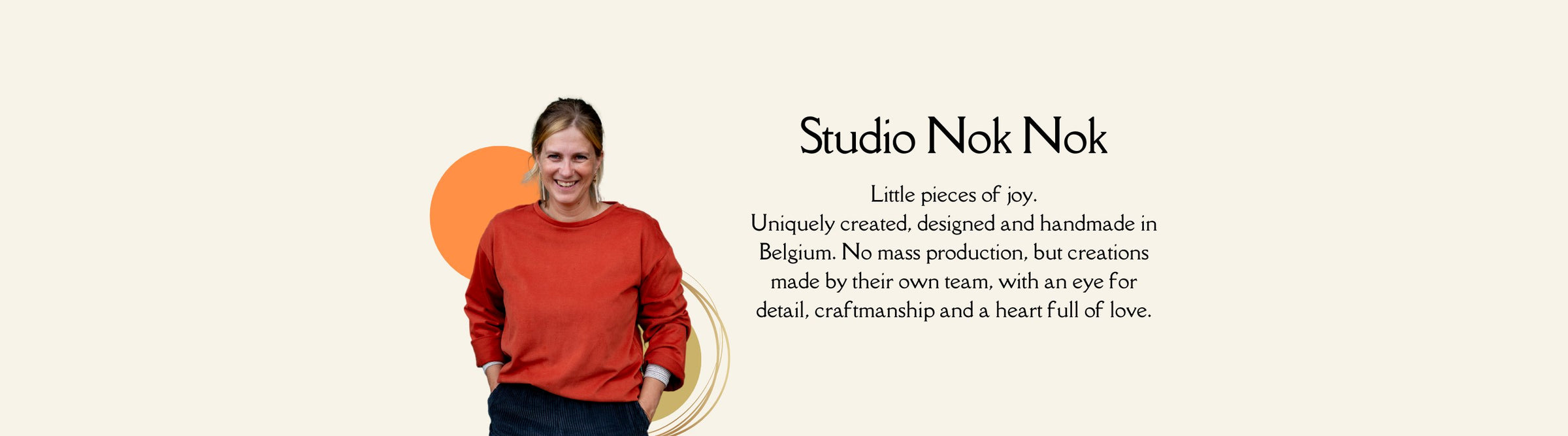 A person wearing a red long-sleeve shirt and dark pants smiles with hands in pockets. Text right of the person reads: "Studio Nok Nok," followed by a description of their handcrafted creations made in Belgium with love and attention to detail.