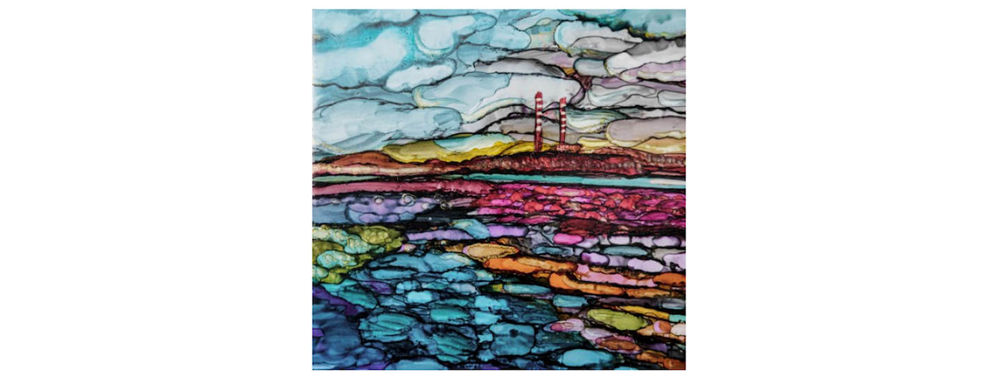Abstract watercolor painting featuring a coastal landscape with vibrant colors. The scene includes a cloudy sky, two chimneys in the distance, and colorful rocky terrain in the foreground.
