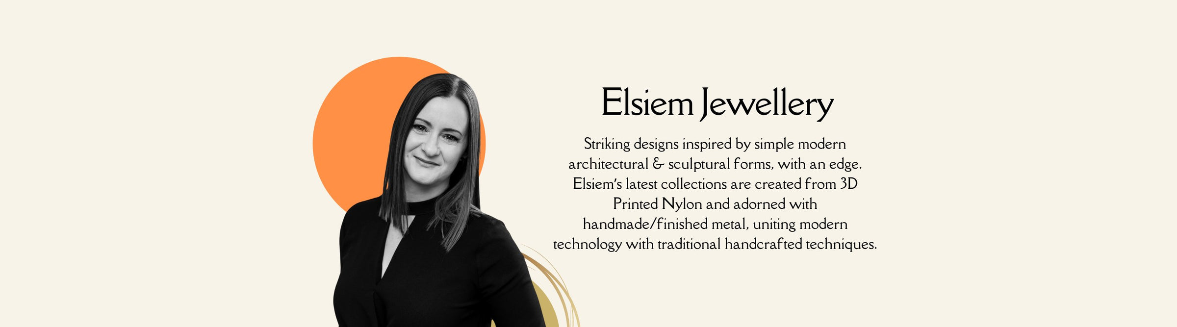 A banner featuring a woman with long hair and a black top beside the text "Elsiem Jewellery" with a description of the brand. The background has a light color with an abstract orange shape.
