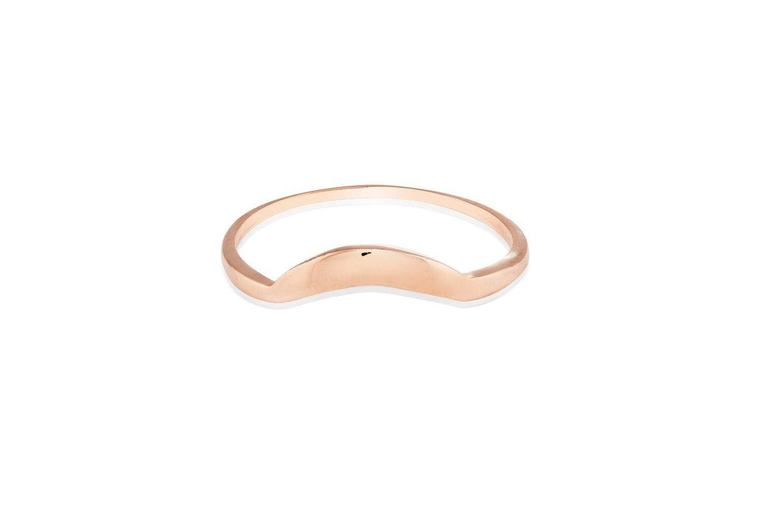A simple 9ct gold ring with a subtle curved design at the front, displayed on a white background. This sleek and elegant Sunrise Ring 9ct Gold by Cosmic Boulevard has a smooth, polished finish, making it perfect for wearing alone or as part of your favorite stacking rings.