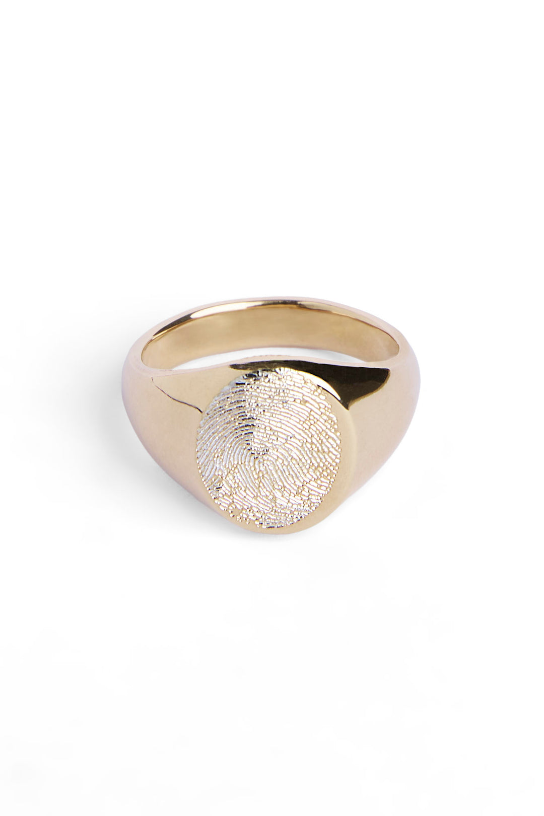 The Engraved Fingerprint Gold Plated Oval Signet Ring by Personalised Charms features a custom fingerprint design—an ideal personalised gift, showcased on a simple white background.