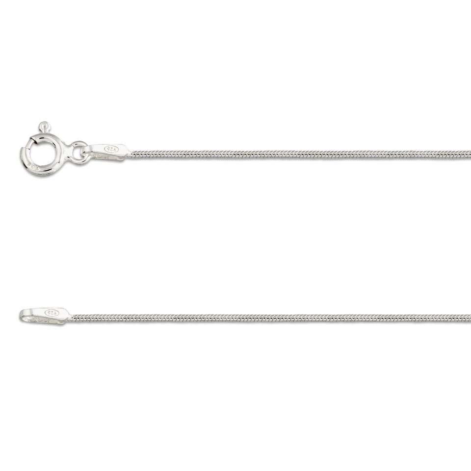 Close-up of a Watermelon Tropical Silver Snake Chain from the Various Sizes collection, showcasing its fine, smooth sterling silver against a white backdrop. The delicate chain features a circular clasp and small tag, accentuating its metallic sheen.