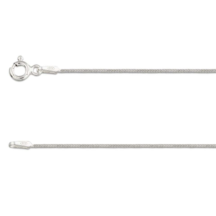 Close-up of a Watermelon Tropical Silver Snake Chain from the Various Sizes collection, showcasing its fine, smooth sterling silver against a white backdrop. The delicate chain features a circular clasp and small tag, accentuating its metallic sheen.