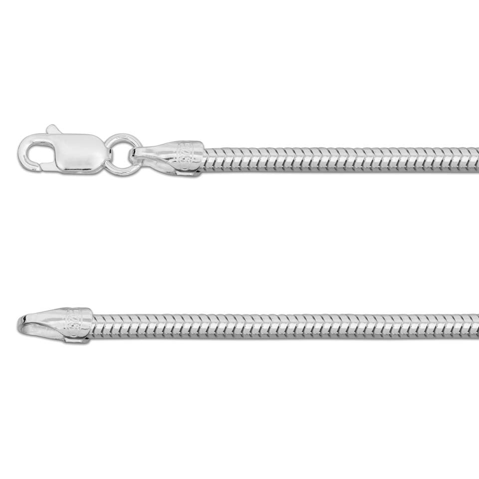 Close-up of the Watermelon Tropical's "Silver Snake Chain Various Sizes" necklace. The top segment features a lobster clasp, and its small interlocking links give it a sleek appearance. The tapered end is perfect for adding your favorite pendant.
