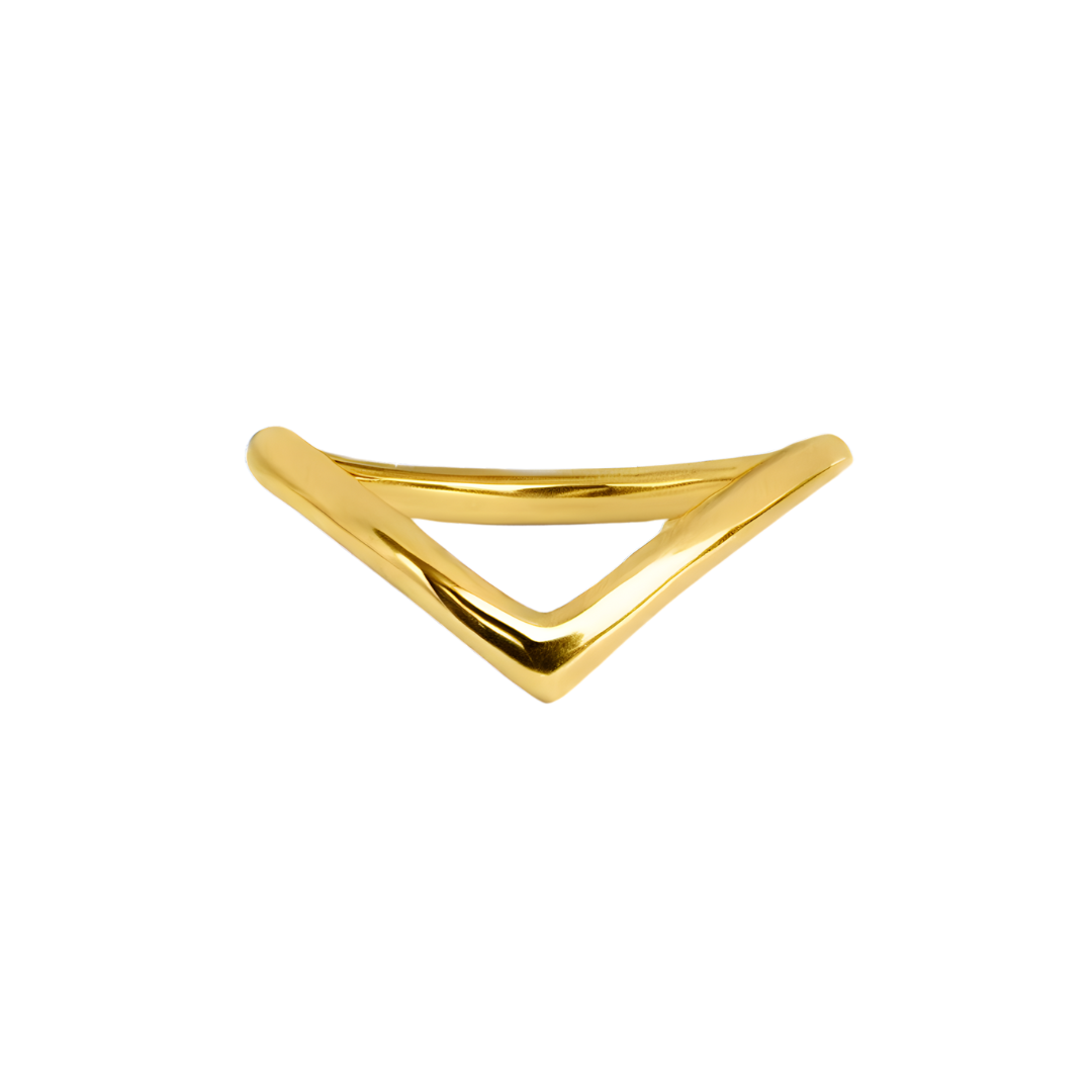 The Wishbone Wedding Ring by The Collective Dublin features a gold, sleek, modern wishbone design with an open angular V and polished surfaces.