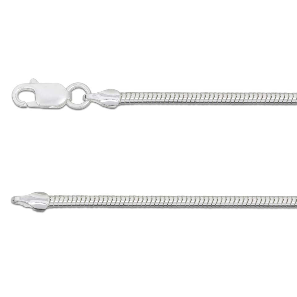 Close-up of the sleek and polished Watermelon Tropical Silver Snake Chain showcasing its sterling silver finish. The lobster clasp features prominently at the top, while part of the chain elegantly cascades below.