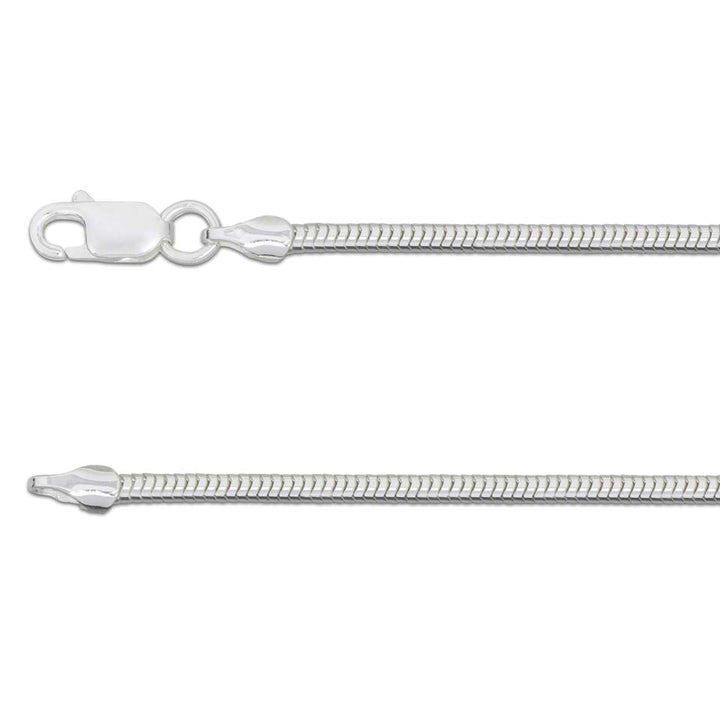 Close-up of the sleek and polished Watermelon Tropical Silver Snake Chain showcasing its sterling silver finish. The lobster clasp features prominently at the top, while part of the chain elegantly cascades below.