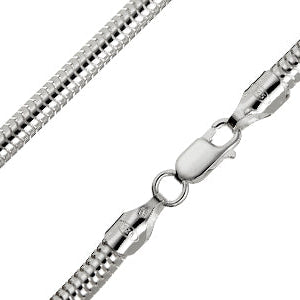 Close-up of Watermelon Tropical's Silver Snake Chain in sterling silver, featuring tightly linked segments for a smooth, flexible design and a polished lobster clasp with detailed craftsmanship. The secure device is ideal for displaying your favorite pendant.