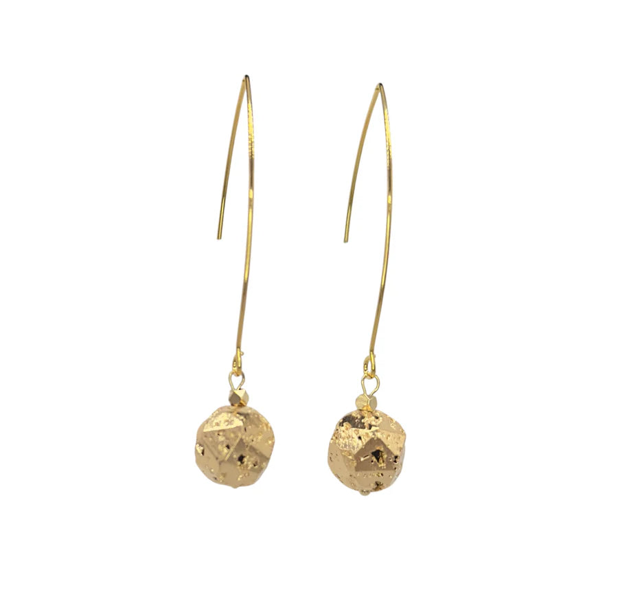 Gold Sphere Drops by Aria V feature long, thin hooks with faceted round metallic gold beads at the ends.