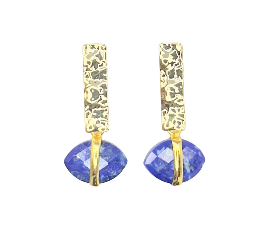 The Ayin Earrings by Aria V feature gold-plated, textured rectangular tops with blue faceted marquise stones elegantly set in gold for a stunning handcrafted look.