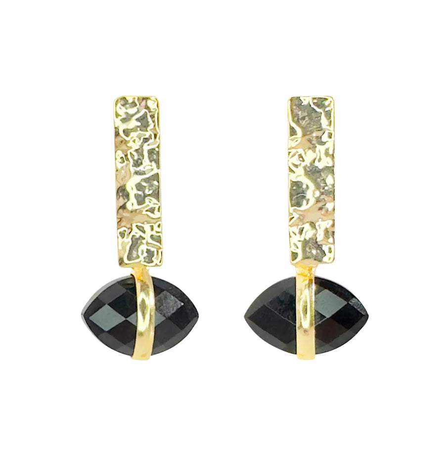 The Ayin Earrings by Aria V feature gold-plated, textured vertical bars and faceted black marquise-shaped natural stones set in gold frames.