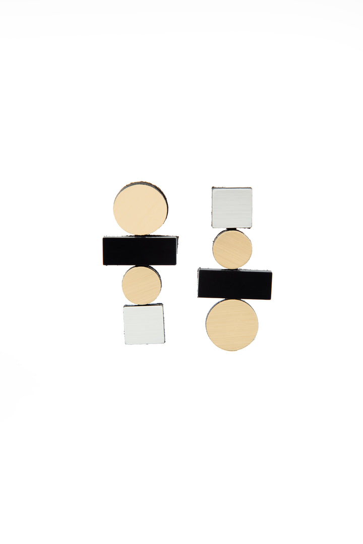 The Iskin Sisters Bauhaus Earrings Large in various colours feature gold-tone circles, black rectangles, and silver squares arranged vertically—crafted with material excellence and photographed against a white background.