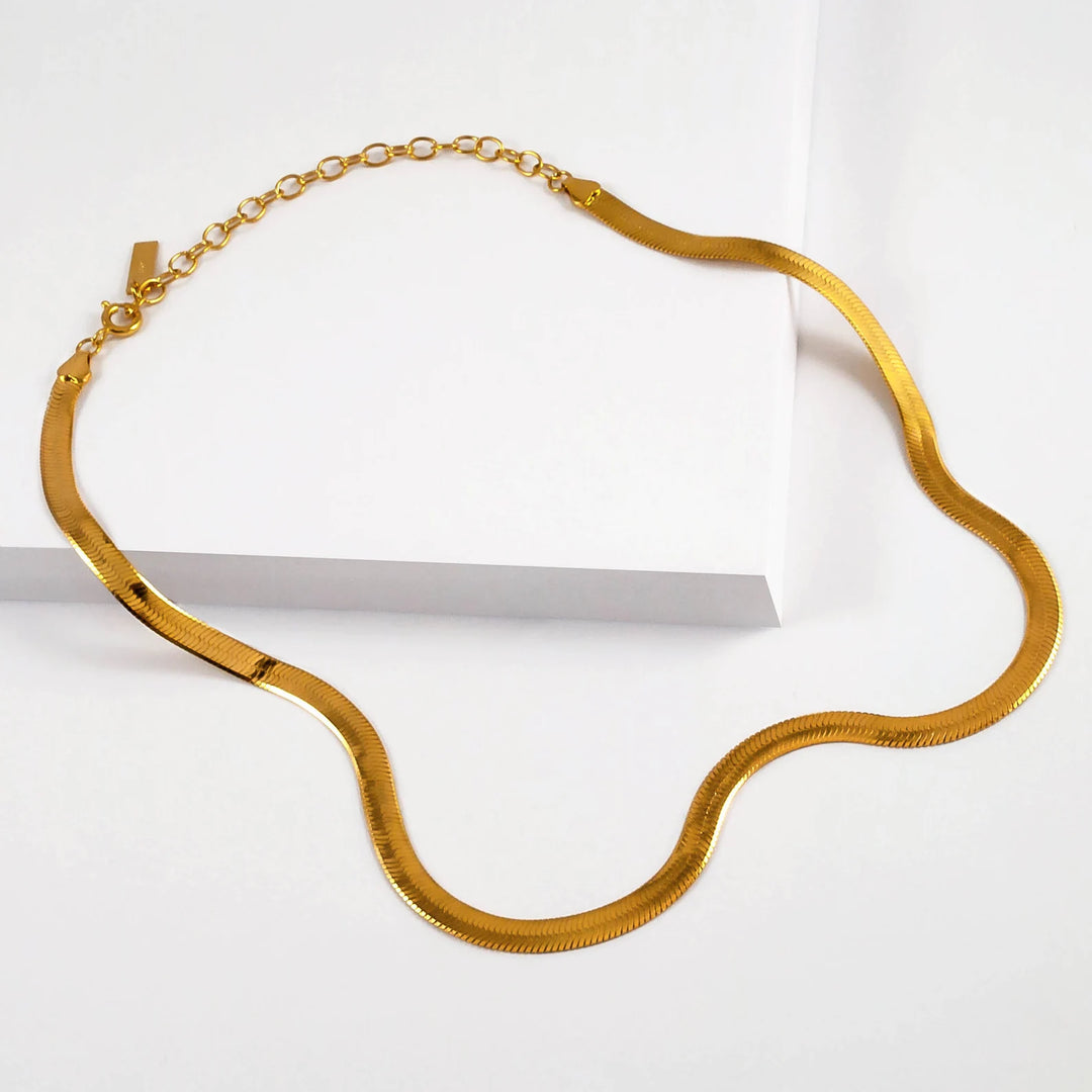 Flat Herringbone Chain Necklace in Gold Plated Silver