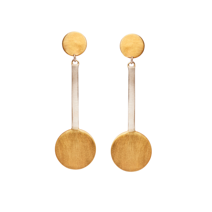 The Archeol Earrings by Gallardo & Blaine Designs feature modern gold vermeil and sterling silver, with a small round stud, slender vertical bar, and larger disc drop, shown against a plain white background.