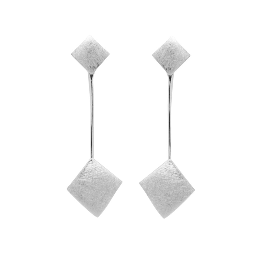 The Art Deco Earrings in Sterling Silver by Gallardo & Blaine Designs feature two diamond-shaped elements linked by a sleek bar and finished with a matte, textured surface for understated elegance.