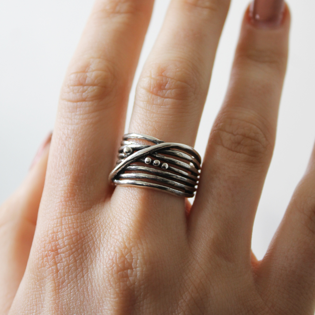 A close-up of a hand wearing the Bamboo Ring in Sterling Silver & Gold Vermeil by Gallardo & Blaine Designs, featuring overlapping bands and small raised dots, shown on the middle finger against a plain background.