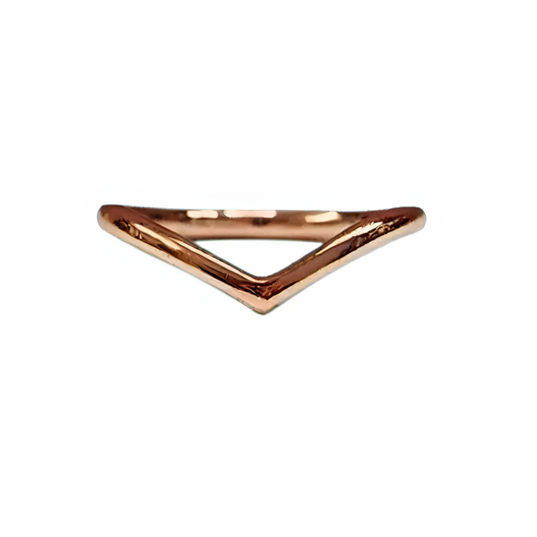 The Collective Dublin Wishbone Wedding Ring features a minimalist rose gold V-shaped chevron design, shown on a white background.