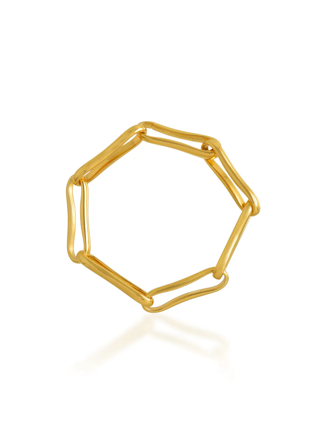 Shyla’s Chunky Link Bracelet in various metals, shown on a white background, features a bold geometric open-link design with a slightly irregular hexagon—perfect to pair with your favorite gold-plated ring.