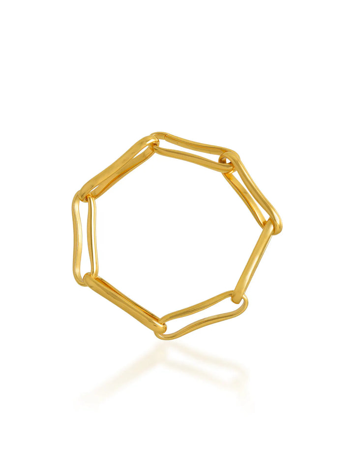 Shyla’s Chunky Link Bracelet in various metals, shown on a white background, features a bold geometric open-link design with a slightly irregular hexagon—perfect to pair with your favorite gold-plated ring.