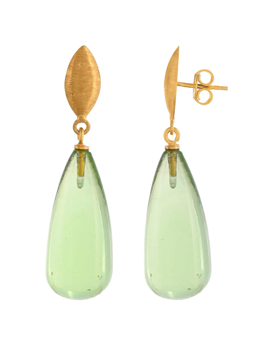A pair of elegant, hypoallergenic Corine Earrings by Shyla, featuring gold, marquise-shaped tops and translucent, teardrop-shaped green gemstone pendants.