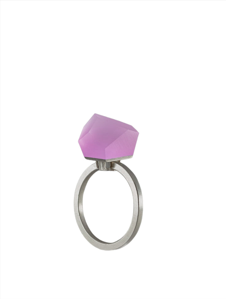 The Fruit Bijoux Ring Top VU Crystals Carnation Pink by Fruit Bijoux features a large, geometric faceted pink gemstone set in sterling silver, shown against a plain white background.