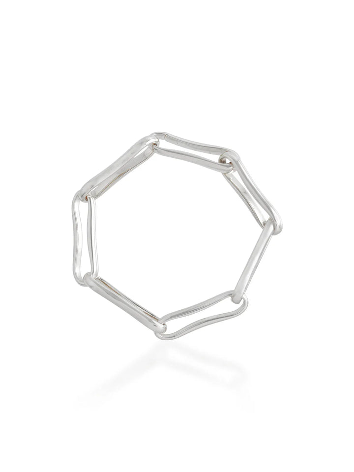 The Shyla Chunky Link Bracelet features interconnected elongated oval links in a modern, open design with a geometric, slightly irregular shape, shown here in various metals against a white background.