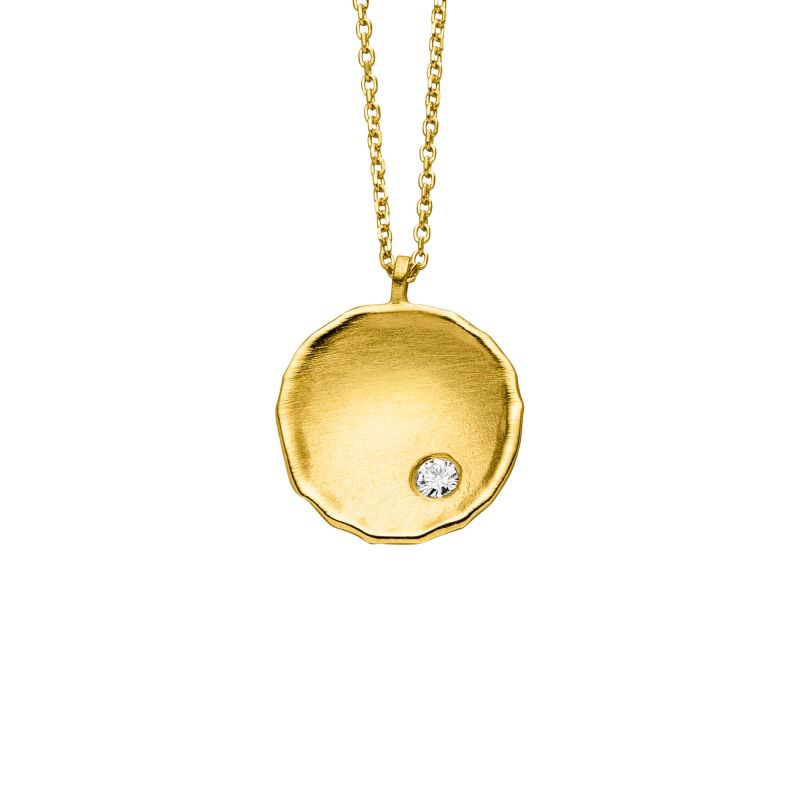 The Concave Circle with Diamond Fine Gold Necklace by Tezer features a 14ct gold chain with a round, slightly irregular disc and an off-center diamond for an elegant touch.