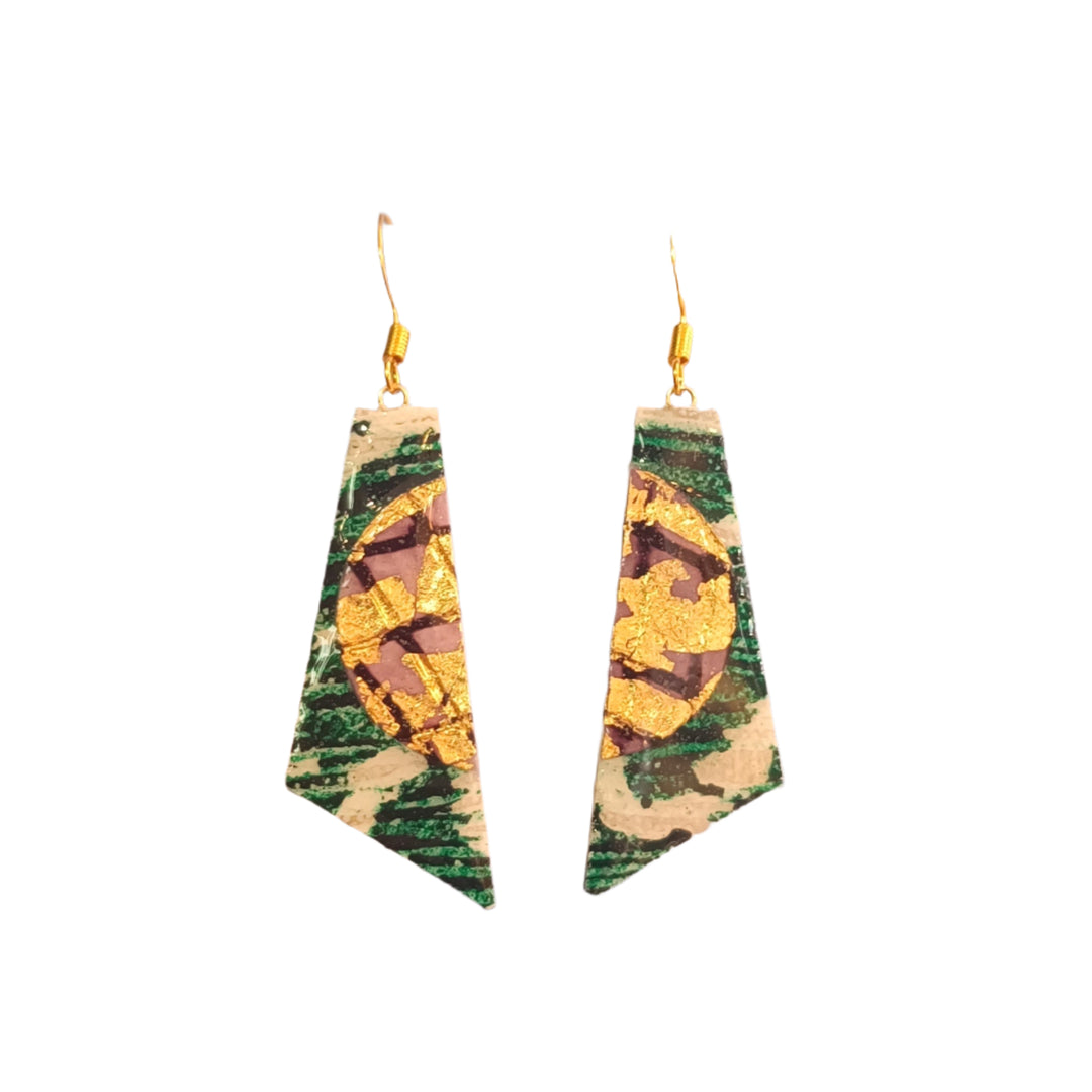 Rothlú's Cora Batik Textile Earrings in Dark Green, Gold, and Aubergine feature unique handmade geometric asymmetry and hypo-allergenic gold plated hooks.