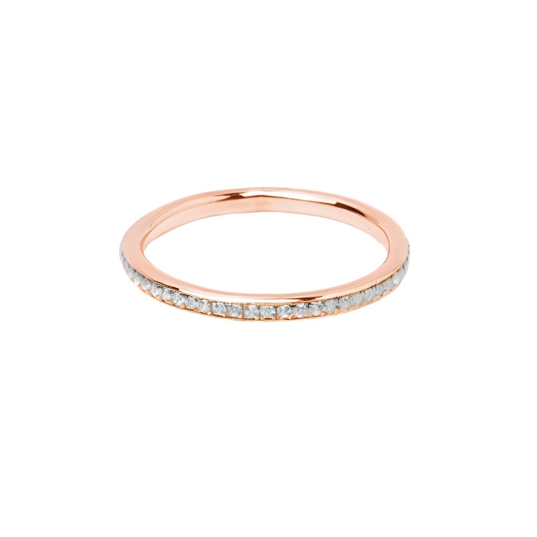 The Collective Dublin's Dainty Half Eternity Wedding Ring features a slim rose gold band with pavé set lab grown diamonds, shown against a plain white background.