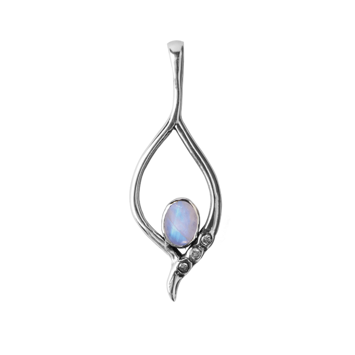 Introducing Gallardo & Blaine Designs' Desert Star Pendant in various gemstones: a sterling silver masterpiece with an elegant teardrop shape, centered oval opal, and three small round clear stones, boasting elongated smooth curves for a modern and timeless look.