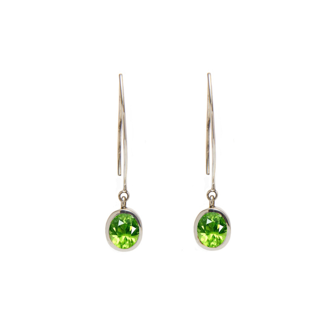 The Dew Drop Earrings by Gallardo & Blaine Designs feature round, faceted green gemstones in sterling silver bezel settings, shown against a white background.