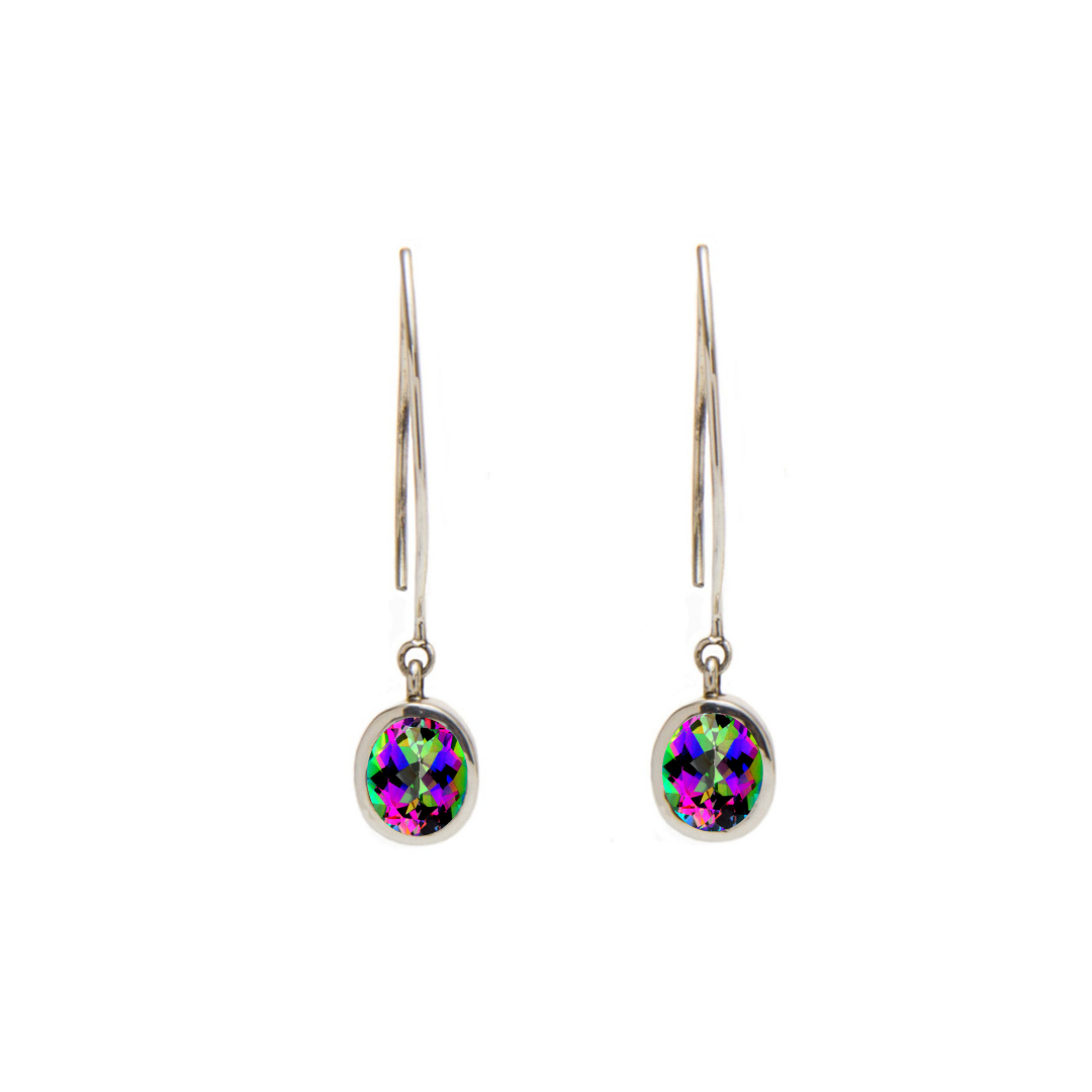 Gallardo & Blaine Designs' Dew Drop Earrings feature round multicolored gemstones in green, purple, and pink with slender hooks and a minimalist sterling silver design.