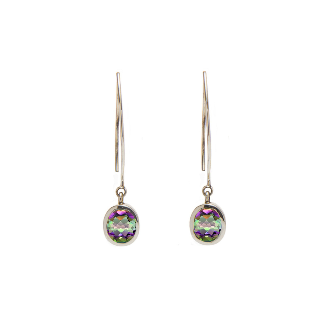 Gallardo & Blaine Designs Dew Drop Earrings feature oval, faceted gemstones with an iridescent green and purple blend, set in sterling silver and suspended from long hooks.