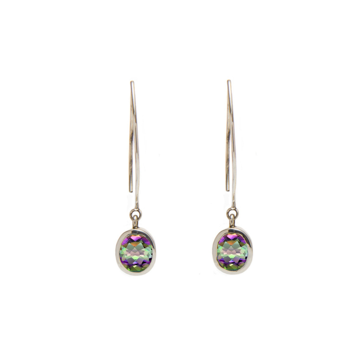 Gallardo & Blaine Designs Dew Drop Earrings feature oval, faceted gemstones with an iridescent green and purple blend, set in sterling silver and suspended from long hooks.