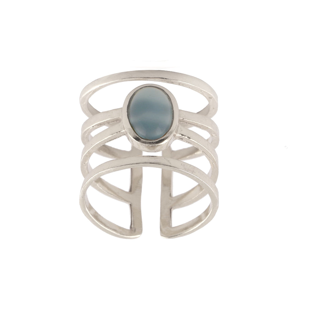 The Andi Banded Ring in Amazonite by Watermelon Tropical features a central oval-shaped Amazonite stone set horizontally. The ring's design includes four thin, sterling silver bands converging at the oval setting, giving it a stylish and contemporary look against a white background.