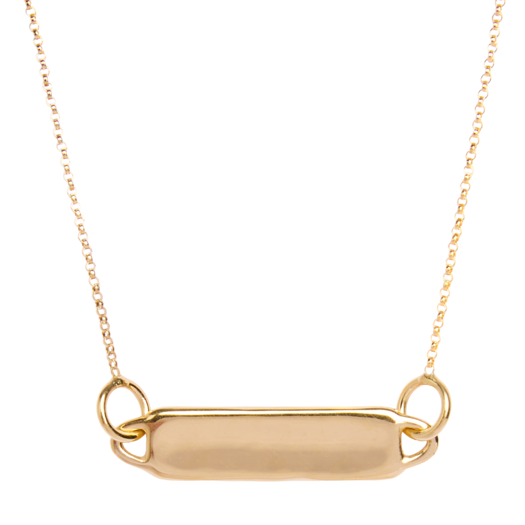 The Collective Dublin Droplet Bar Necklace features a smooth, rectangular gold pendant with two small loops on each side—ideal for engraving and personalization. The piece is showcased against a plain white background.