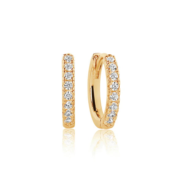 The Ellera Medio Hoop Earrings by Sif Jacobs are small 18k gold plated sterling silver hoops with a front row of sparkling cubic zirconia, shown on a white background—sophisticated demi-fine jewellery for any occasion.