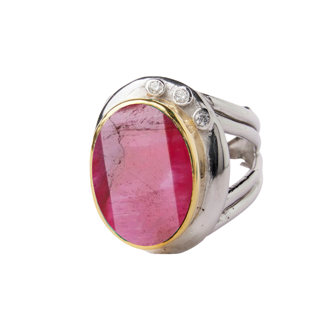 The Eyetelia Ring by Gallardo & Blaine Designs features a large oval pink gemstone set in sterling silver gold vermeil, accented with three small round diamonds on the band.