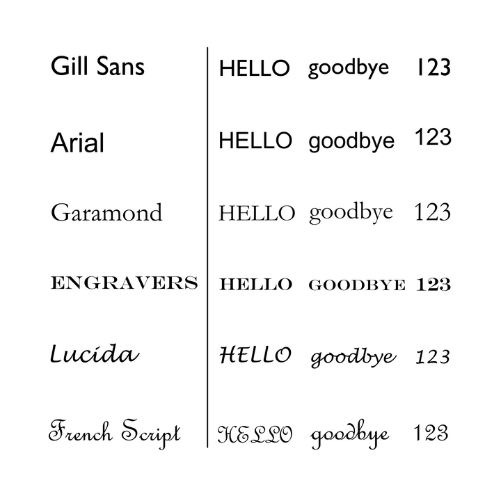 A chart displays "HELLO goodbye 123" in seven fonts—Gill Sans, Arial, Garamond, Engravers, Lucida, French Script—each with unique styles like those offered by Engravable Jewellery’s Gold Plate Spinning Disc.