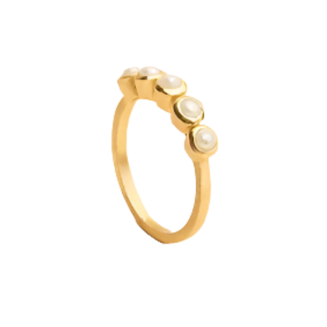 The Watermelon tropical Five Pearl Gold Ring showcases five small, round white pearls set in a row on a gold-plated sterling silver band, displayed on a plain white background.