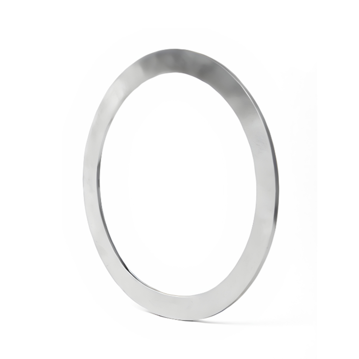The Flat Satin Bangle by Gallardo & Blaine Designs stands upright against a plain white background, showcasing its sleek metallic finish in your choice of silver or gold.