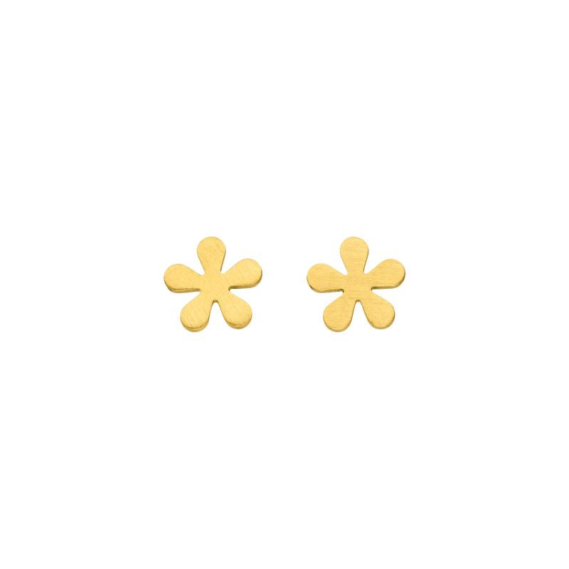Tezer Flower Stud Fine Gold Earrings—small, six-petal floral studs in yellow gold—are displayed on a plain white background.