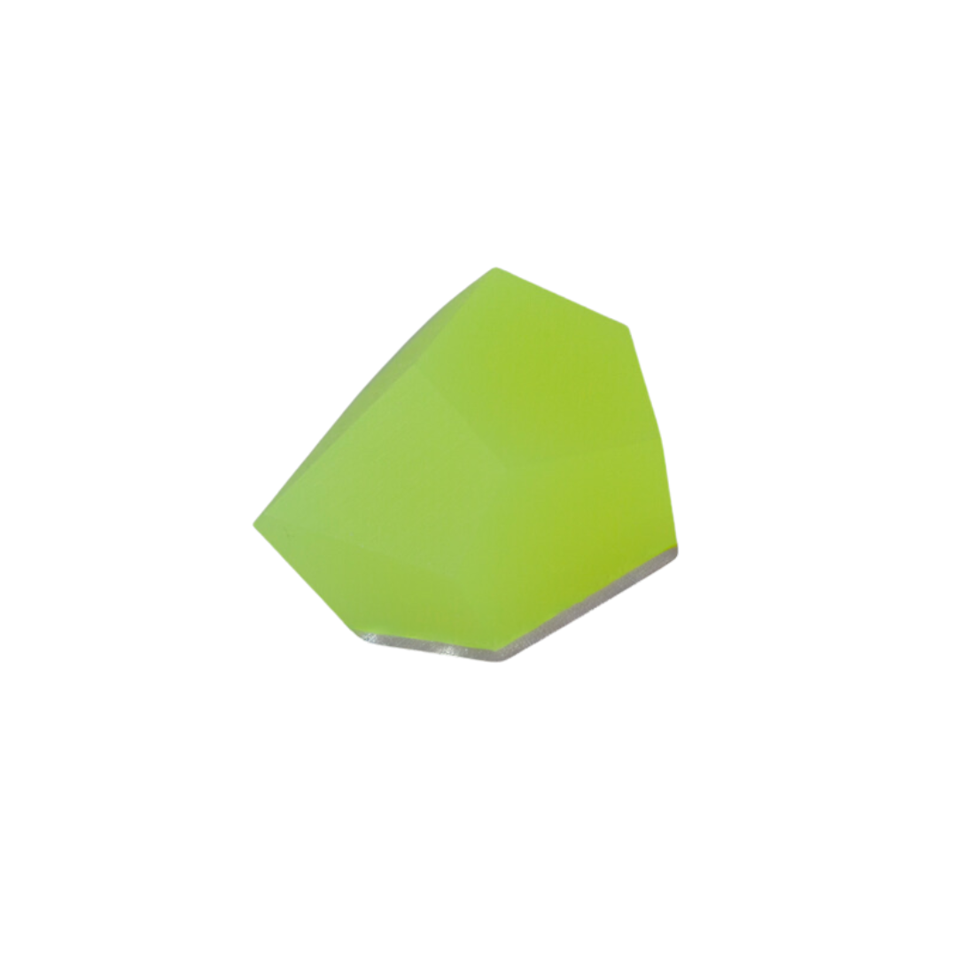 The Fruit Bijoux Ring Top VU Crystals Neon Yellow by Fruit Bijoux features a faceted, neon yellow gemstone with geometric angles and a glossy finish, designed as an interchangeable top for sterling silver or gold-plated rings.