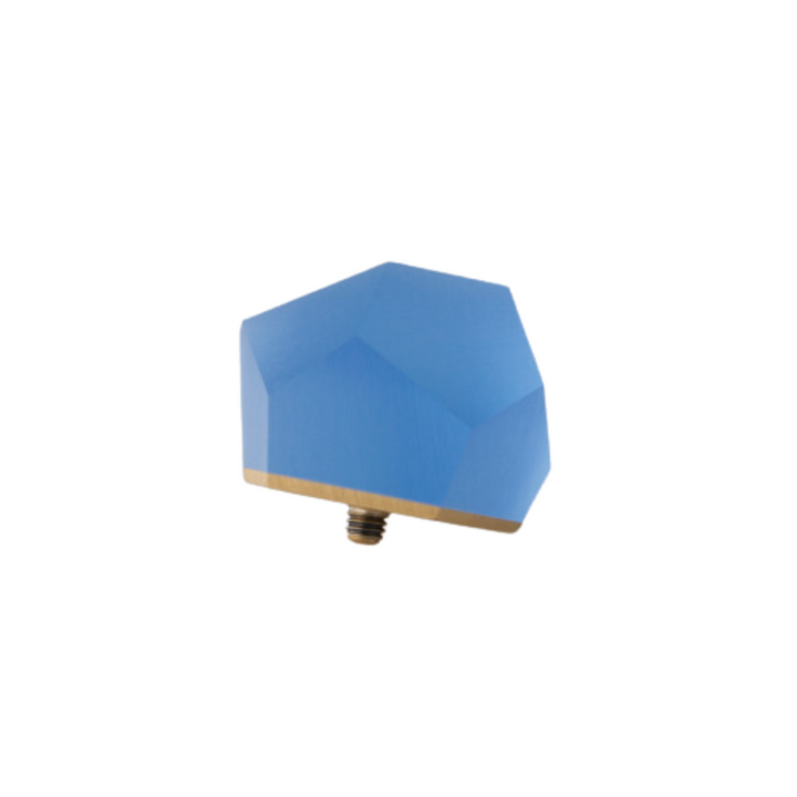 The Fruit Bijoux Ring Top VU Crystals Sky Blue by Fruit Bijoux features a faceted, pentagon-shaped blue drawer knob with a gold-plated silver base and metal screw attachment, shown isolated on a white background.