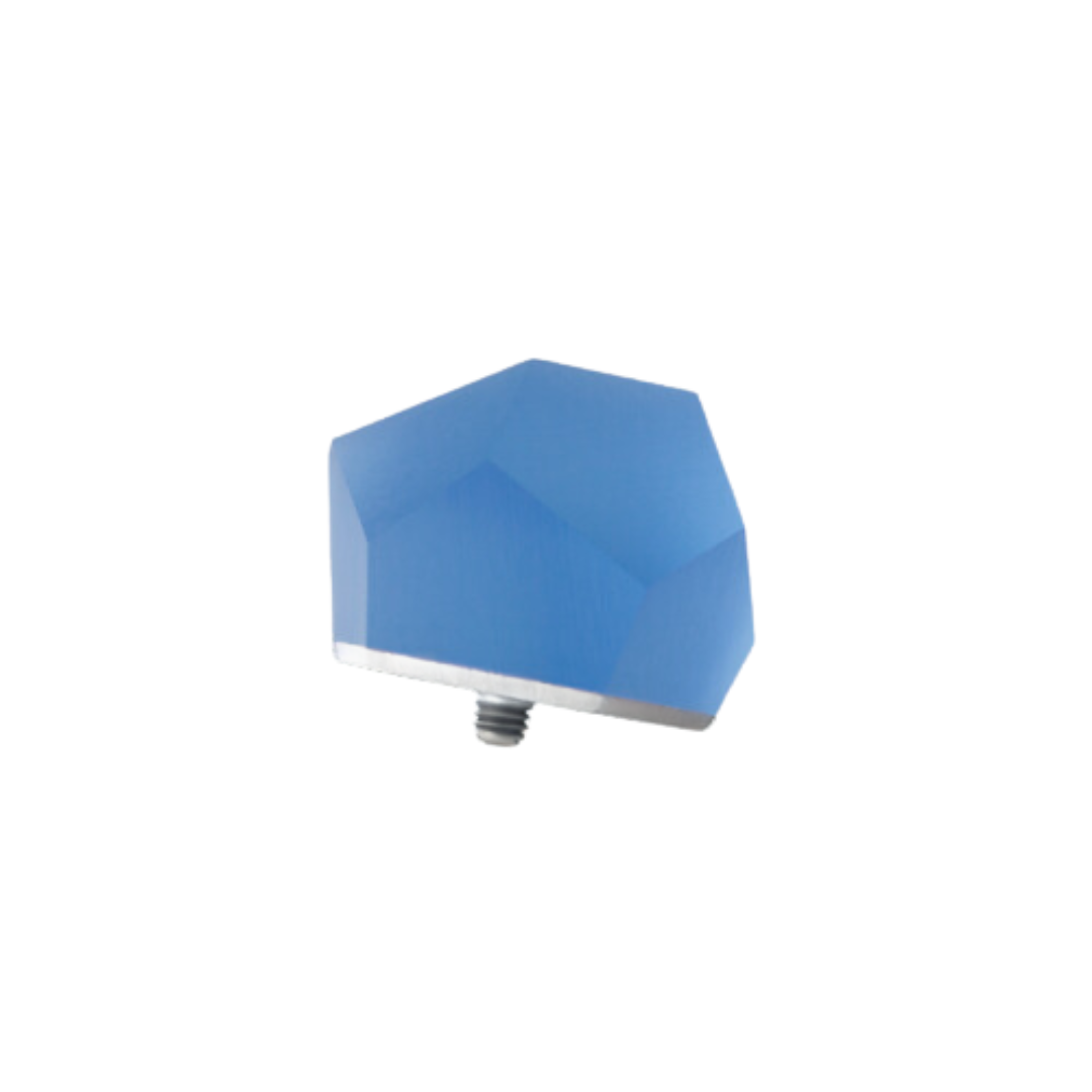 The Fruit Bijoux Ring Top VU Crystals Sky Blue by Fruit Bijoux is a faceted, geometric ring top knob with a sterling silver screw base, featured in sky blue against a white background.