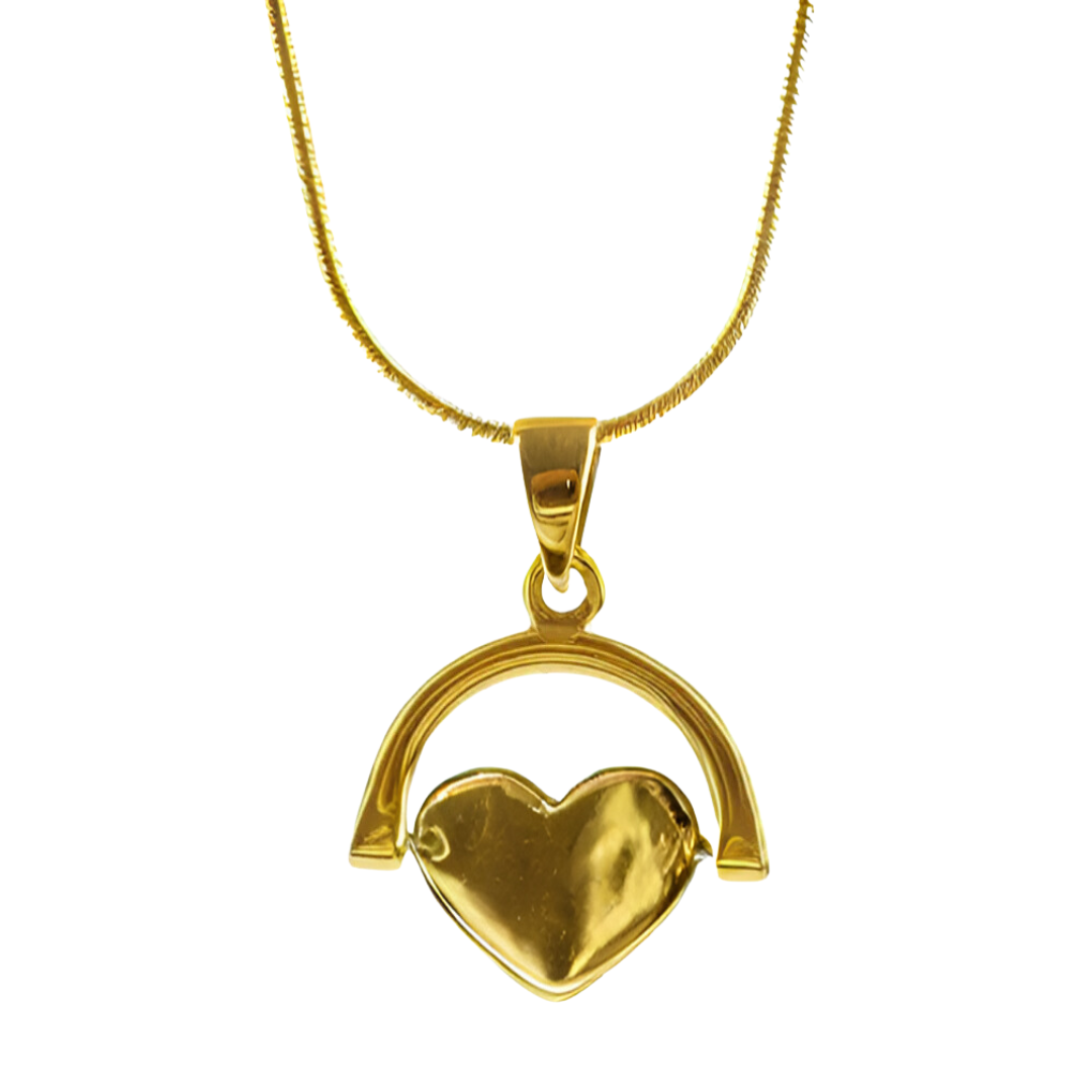 The Engravable Jewellery Gold Plate Spinning Heart is a customizable gold plated silver necklace with a shiny, spinning heart pendant beneath an arched gold bar, shown against a white background.