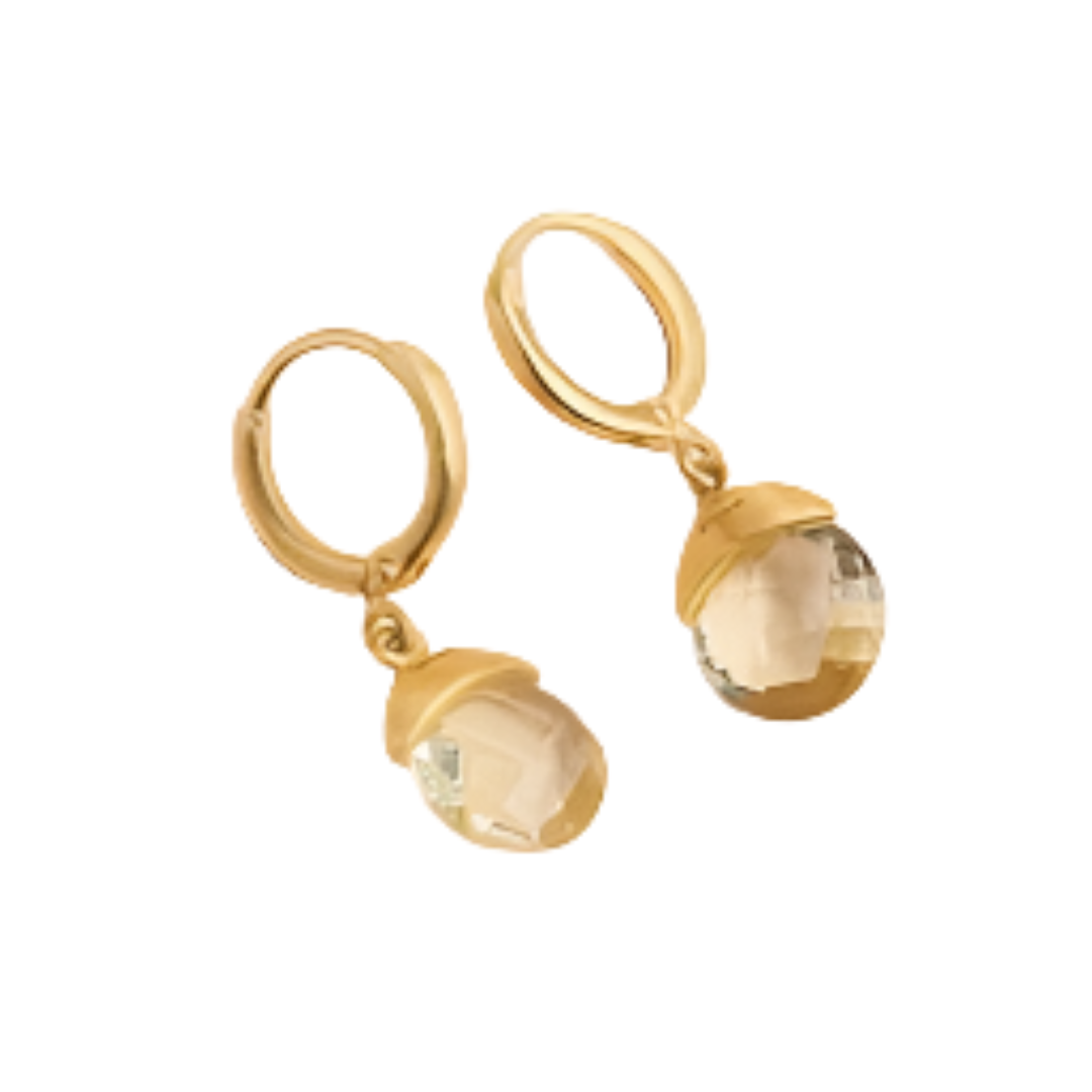 The Watermelon tropical Green Amethyst Gold Huggies feature gold-plated hoops with round, faceted green amethyst gemstone dangles, creating a stunning piece of handmade jewellery displayed on a white background.