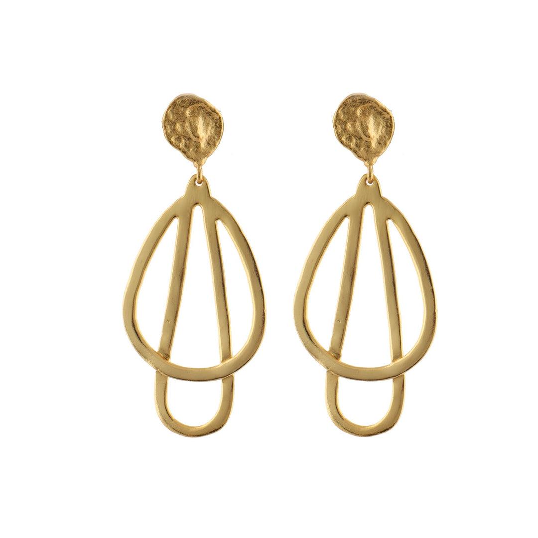 A pair of Honey Gold Earrings by Watermelon Tropical featuring an abstract design. The earrings have a textured circular stud that connects to an open, double teardrop shape, evoking a modern blend of elegance and ancient arts style.