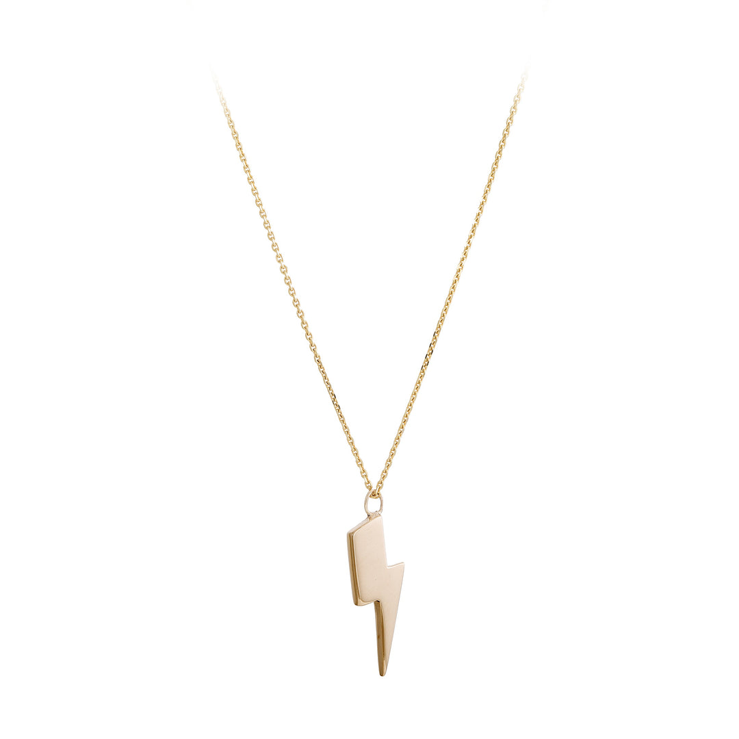 The Bowie Lightning Bolt Pendant 9ct Gold by Cosmic Boulevard showcases a small, stunning lightning bolt charm available in either yellow or rose gold. This minimalist necklace features a delicate chain that perfectly accentuates the modern design of the central pendant. The plain white background enhances the piece's understated elegance and sophistication.
